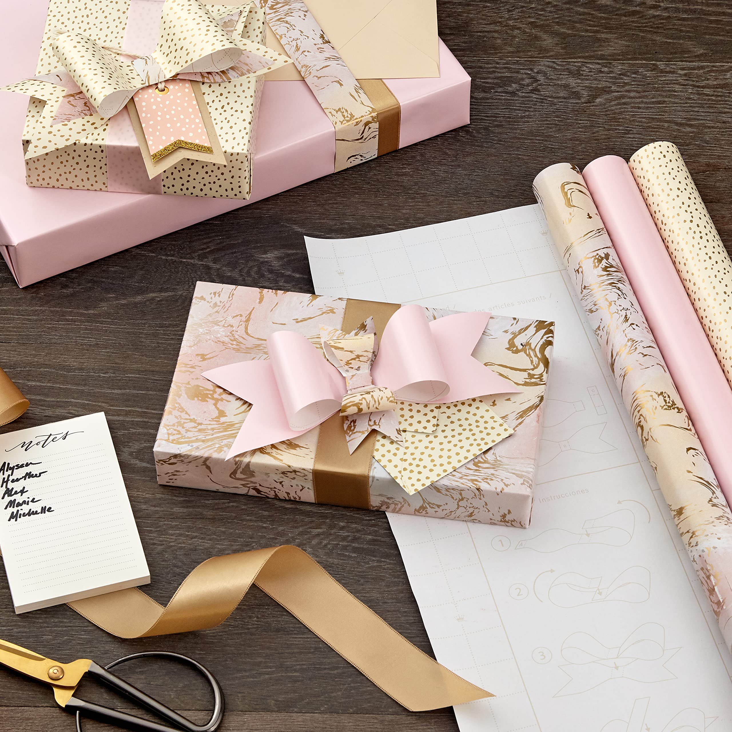 Hallmark Wrapping Paper with Cutlines on Reverse (6 Rolls: 135 Square Feet Total) Pink, Gold, Stripes, Kraft Brown, Black and White Plaid for Birthdays, Baby Showers, Bridal Showers, Mother's Day