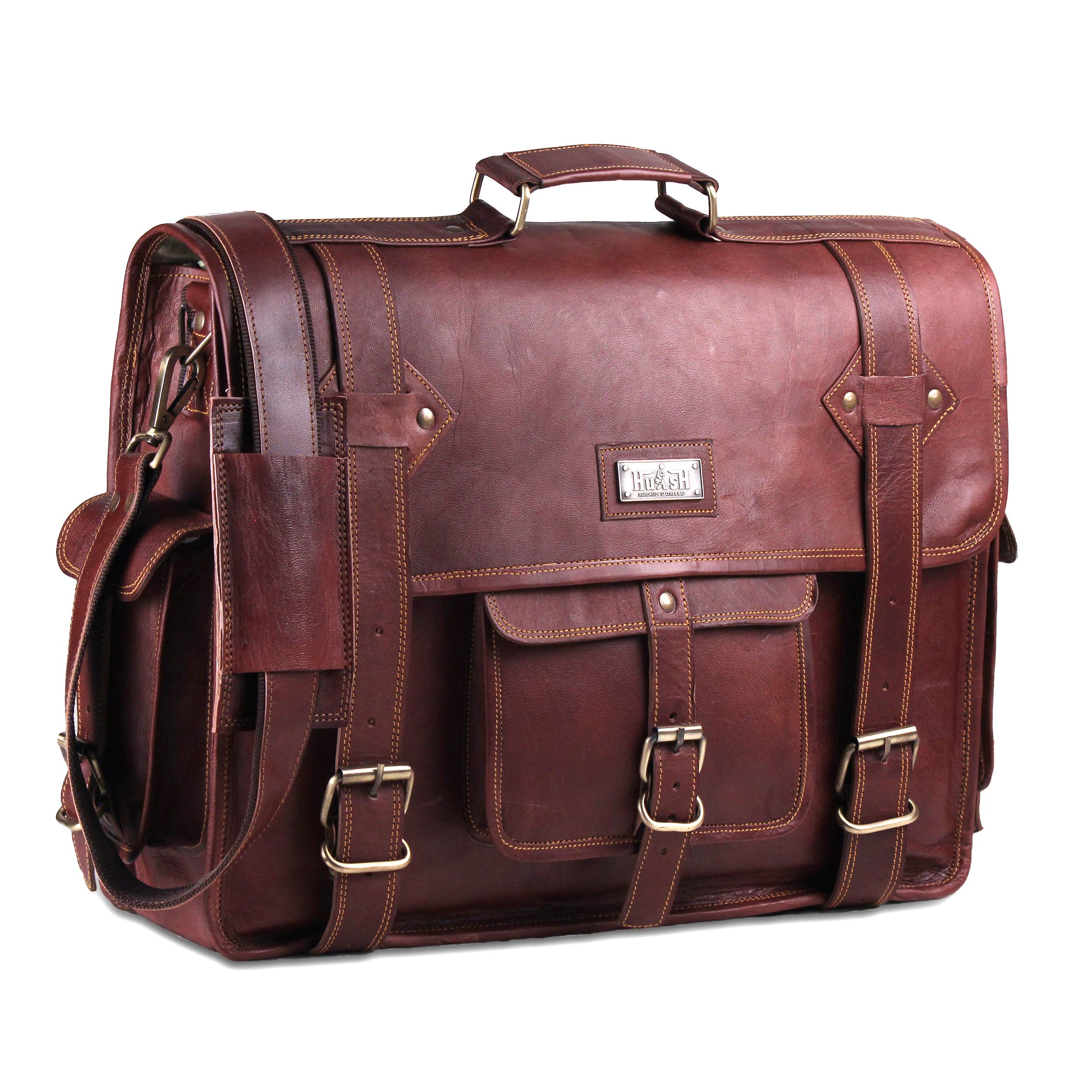 HULSH Leather Messenger Bag for Men – Vintage Laptop Bag Leather Satchel for Men - 18 inch Padded Brown Leather Computer Bag