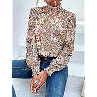 Women's Tops Sexy Tops for Women Shirts Paisley Print Frill Trim Mock Neck Blouse Shirts for Women (Color : Multicolor, Size : Small)