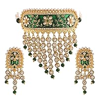 18K Gold Plated Indian Wedding Enamel/Meena Work Choker with Teeming Waterfall Studded Jewelry Set for Women/Girls