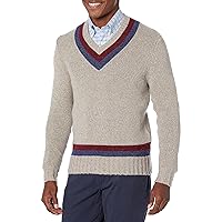 Brooks Brothers Men's Luxury Wool Blend Long Sleeve V-Neck Tennis Sweater, Grey, Medium