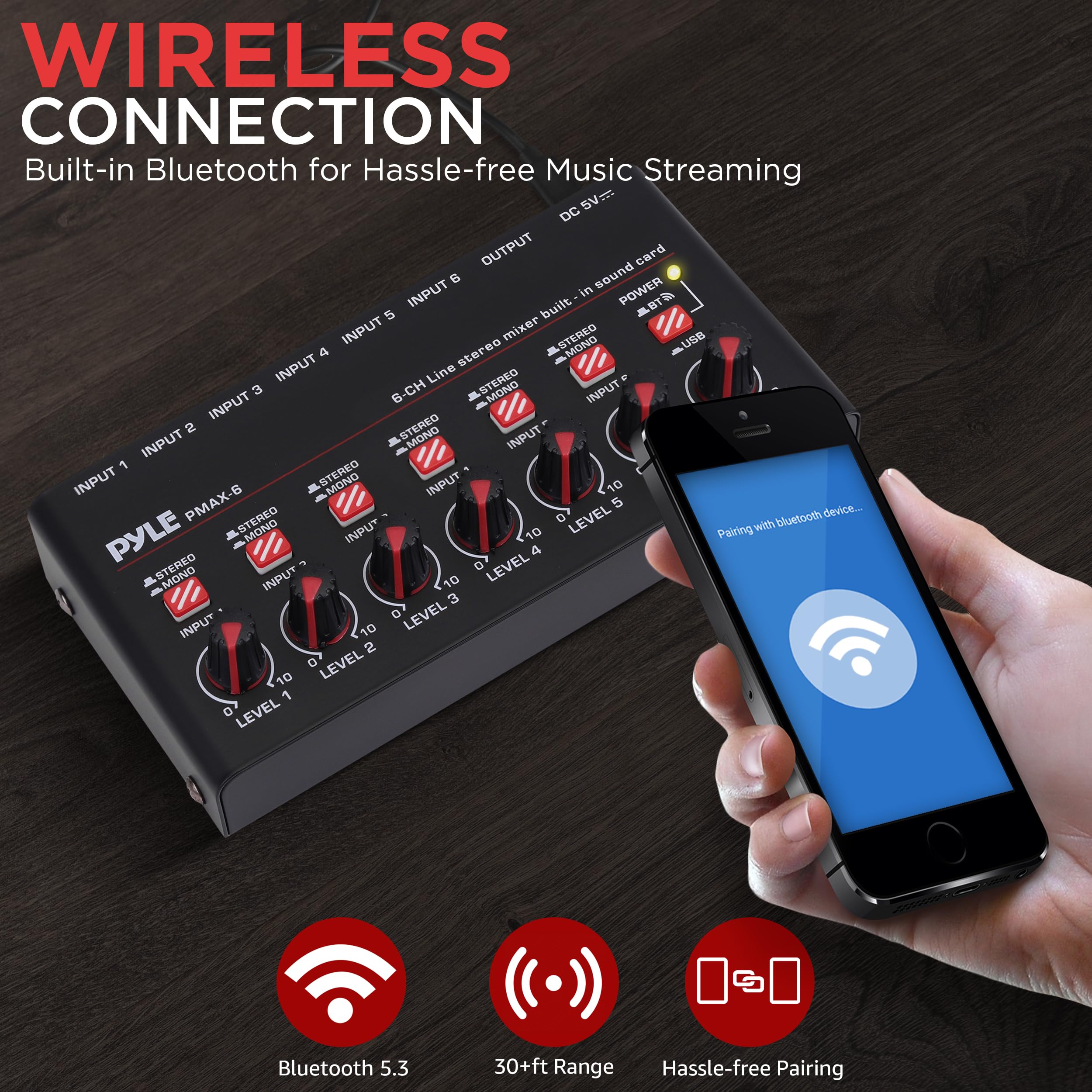 6-Channel Wireless BT Streaming Mini Line Mixer with USB Audio Interface - 6 Mono/Stereo Switching Inputs | Ultra-low Noise Design with High Headroom | Built-in USB Sound Card