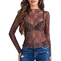 Avidlove Women's Mesh Top Long Sleeve Mock Neck Sheer Blouse See Through Floral Lace Tops