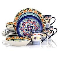 Elama Multicolored Round Stoneware Mandala Pattern Dinnerware Set, 16 Piece, Blue