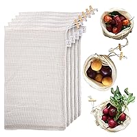 Organic Cotton Mesh Produce Bags - Reusable Produce Bags - Washable Vegetable Bags for Refrigerator - Grocery & Storage Bags - Set of 5 Large Bags - 16 x 9 in - Drawstring, Tare Weight, Wooden Toggle