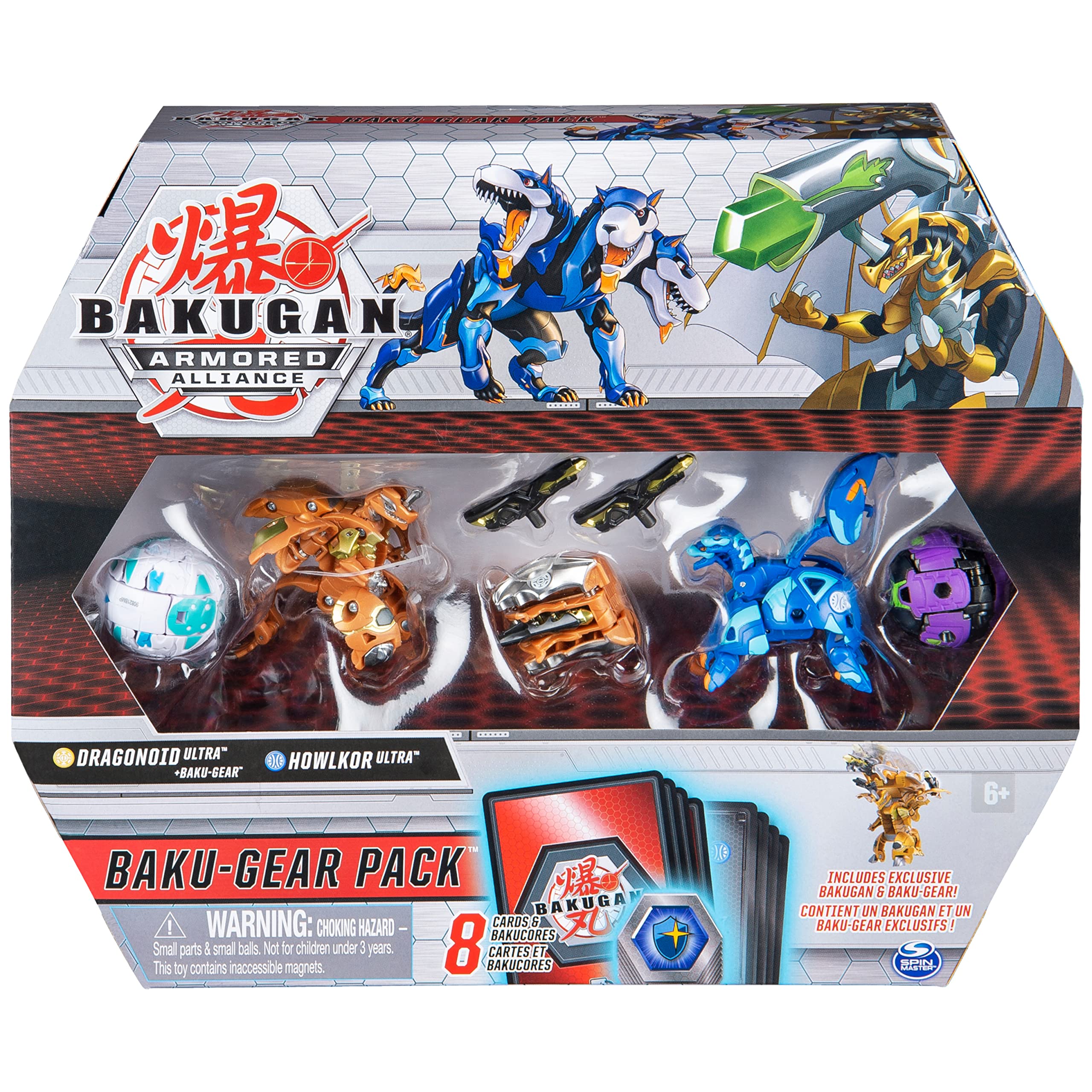 Bakugan Baku-Gear 4-Pack, Dragonoid Ultra with Baku-Gear and Howlkor Ultra, Collectible Action Figures, Kids Toys for Boys