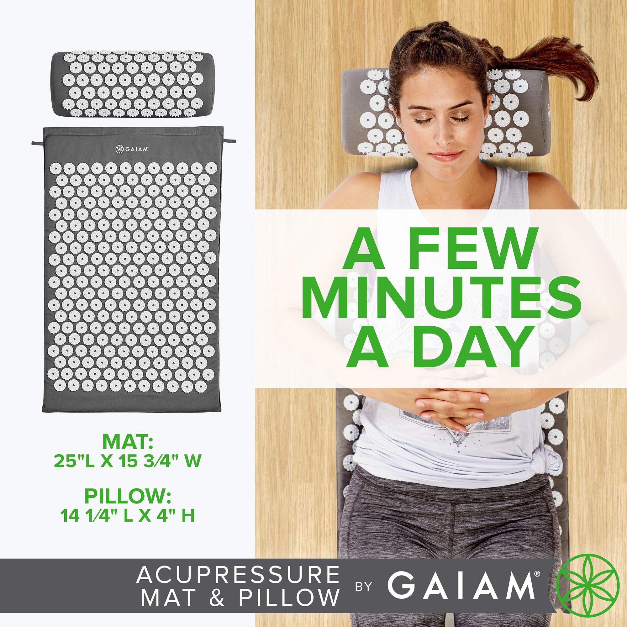 Gaiam Acupressure Mat and Pillow Set, Acupuncture Style Massage Mat & Pillow, Relief for Sciatic Nerve, Muscle Tension, Fibromyalgia, Neck, Shoulder & Back Pain, Migraine & Headaches and Insomnia Grey