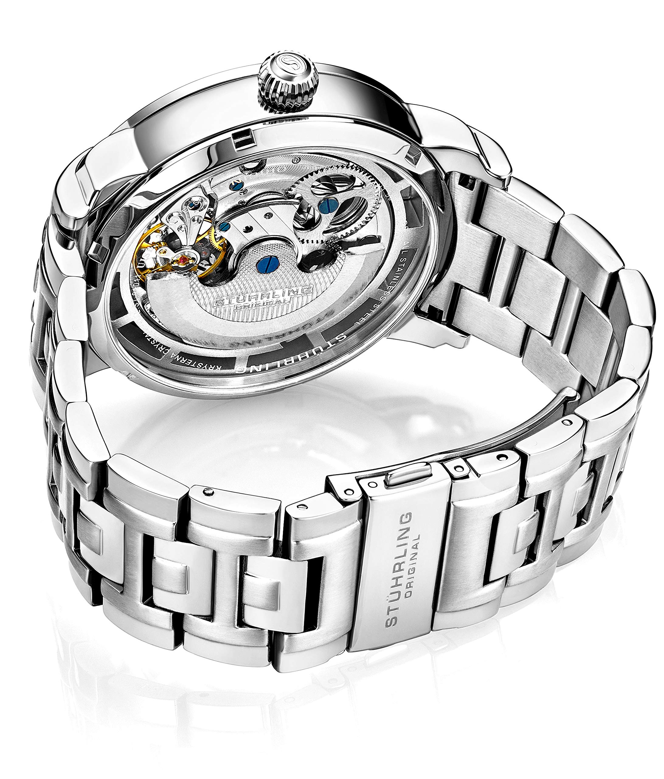 Stührling Original Mens Watch Stainless Steel Automatic, Silver Skeleton Dial, Dual Time, AM/PM Sun Moon, Stainless Steel Bracelet, 371B Watches for Men Series