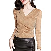 Women's Glitter Mesh Tops V Neck Semi Sheer Long Sleeve Bright Silk Pleated Patchwork Blouses Elegant Work Shirts