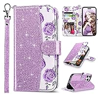 ULAK Compatible with iPhone 15 Pro Wallet Case with Card Holders, Floral Glitter PU Leatehr Flip Case Wallet for Women, Flower Design Kickstand Wrist STRP Shockproof 6.1'' Phone Case for Girl,Purple