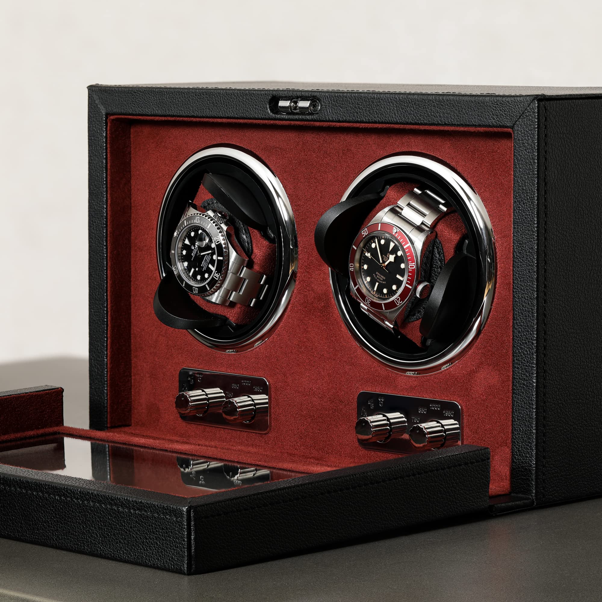 Gift Set 12 Slot Leather Watch Box with Valet Drawer & Matching Double Watch Winder - Luxury Watch Case Display Organizer, Locking Mens Jewelry Watches Holder, Men's Storage Boxes Glass Top Black/Red