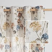 MYSKY HOME Linen Curtains for Living Room Floral Patterned Semi Sheer Vertical Drapes Decor Farmhouse Style Texture for Dining Room Light Soften Privacy, Yellow, W52 x L84, Pack-2