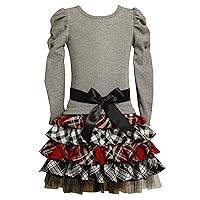 Bonnie Jean Little Girls' Dress Knit Bodice To Tiered Plaid Skirt With Satin Sash