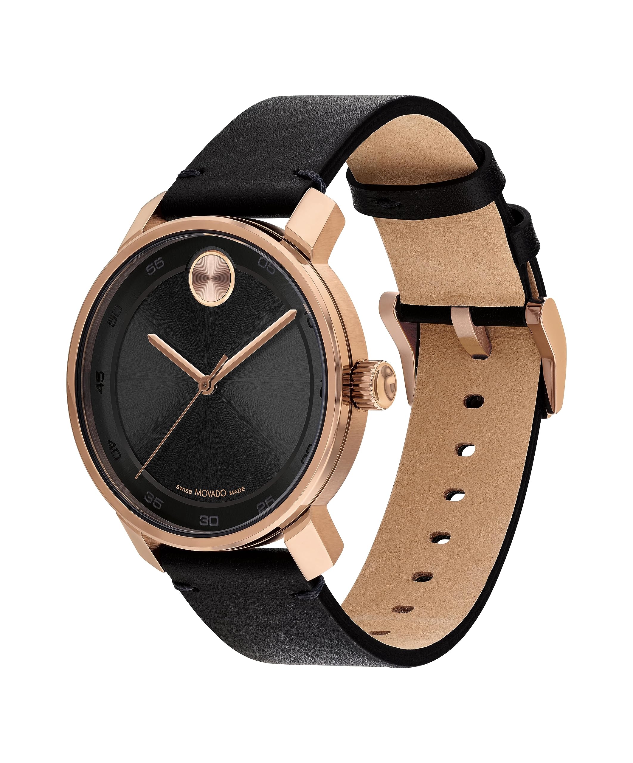 Movado Bold Access Men's Swiss Quartz 3600945 Watch with Ionic Plated Rose Gold Tone Steel Case and Black Leather Strap, in Sleek, Sporty Elegance