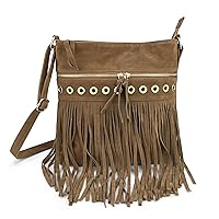 HOXIS Studded Tassel Zipper Faux Suede Leather Cross Body Bag Womens Purse