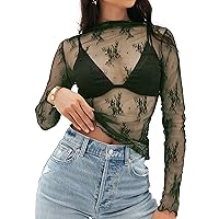 MEROKEETY 2024 Womens Mesh Sheer Long Sleeve Layering Top Mock Neck Lace Floral See Through Shirt Blouses