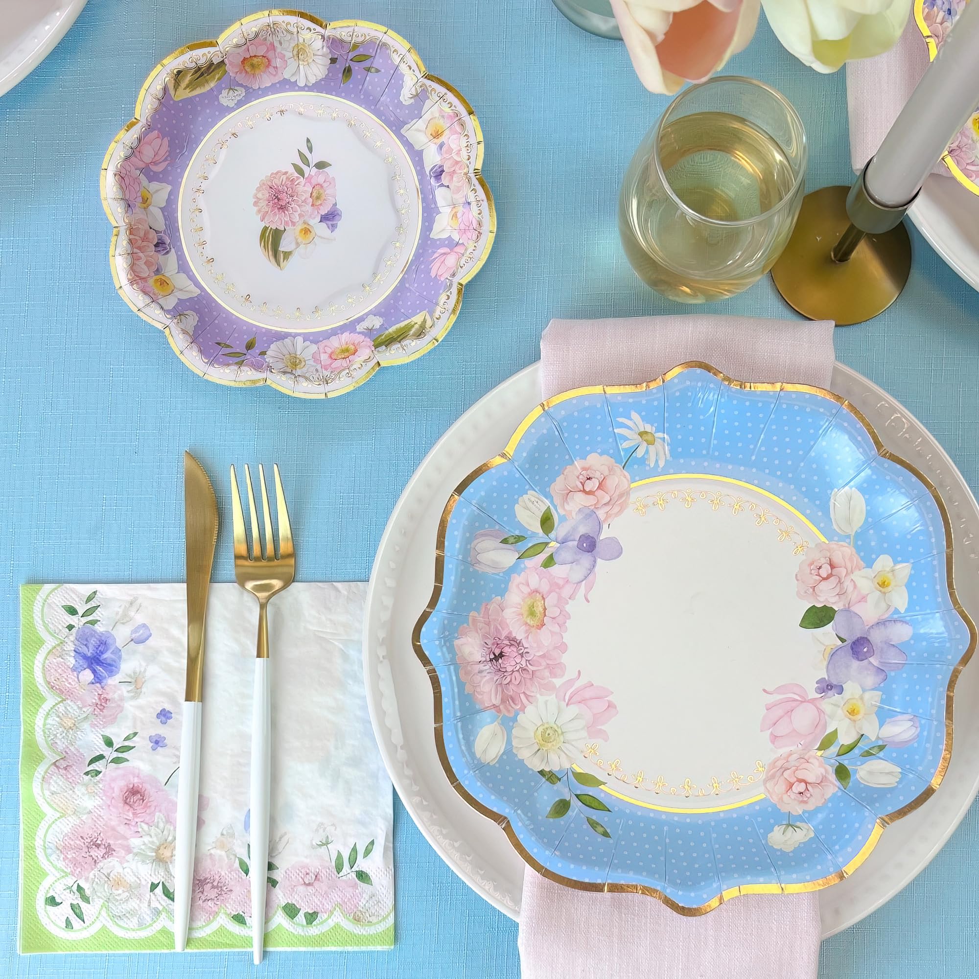 Kate Aspen Updated Vintage Floral Tea Party 7 in. Premium Decorative Paper Plates | Baby Shower or Bridal Shower Party Supplies - Party Plates in Assorted Colors with Gold Foil (Set of 16), …