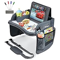 Kids Travel Tray with Dry Erase Board, Travel Tray for Kids Car Seat, Carseat Table Trays for Toddler, Kid Activity Desk for Air Travel, No-Drop Tablet Holder & Borders (All Grey)