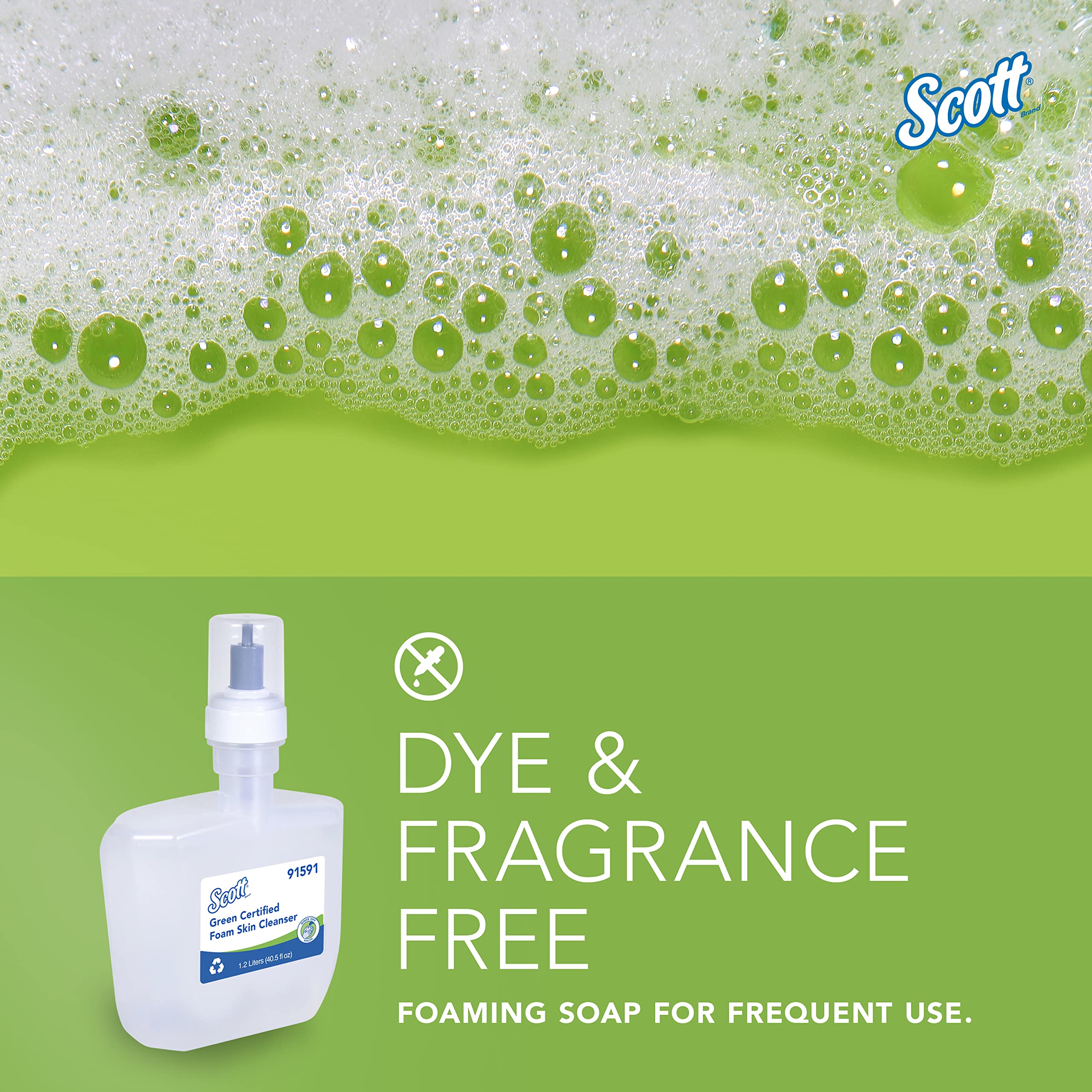 Scott® Green Certified Foam Hand Soap (91591), 1.2 L Clear, Unscented Hand Soap Refills for KC Professional™ ICON™ and Scott® Pro™ Automatic Dispensers, Ecologo, NSF E-1 Rated (2 Bottles/Case)