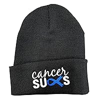 Cancer Sucks Winter Hat Beanie Embroidered Cuff Knit Cap Beanie - Black, Blue Ribbon Colon Cancer Awareness