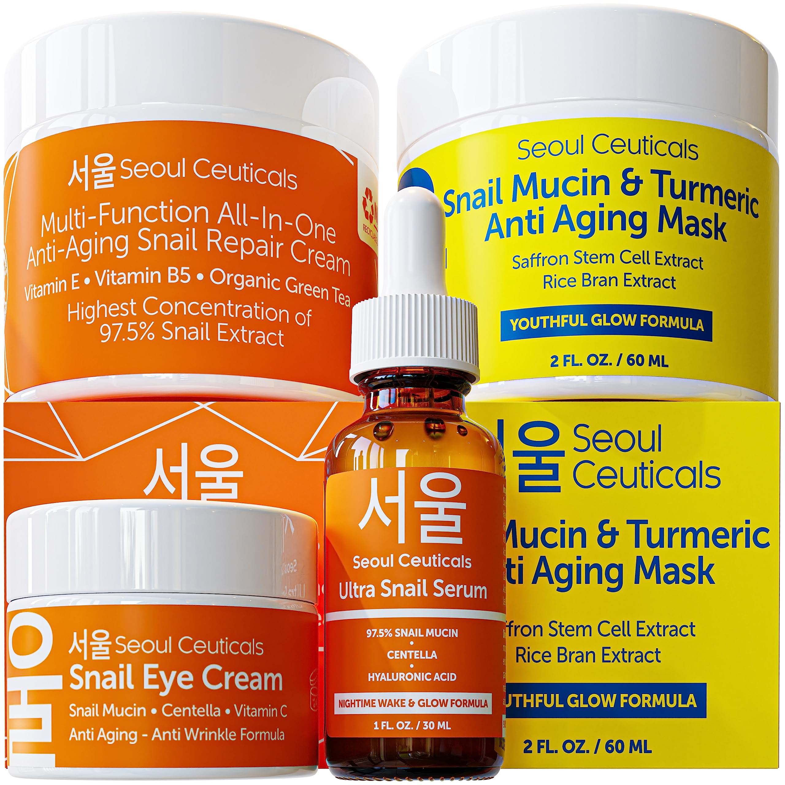 Korean Skin Care Set - Snail Mucin Glow Kit Contains Snail Hyaluronic Acid Serum + Snail Turmeric Mask + Snail Eye Cream + Snail Face Cream Moisturizer