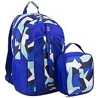 FUEL Backpack with Lunch Box Combo – 18” Two Compartment Water Resistant Durable Adjustable Straps with Side Water Bottle Pockets 2 in 1 Set - Blue Jagged Shape