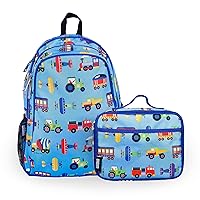 Wildkin 15 Inch Backpack Bundle with Lunch Box Bag (Trains, Planes, and Trucks)