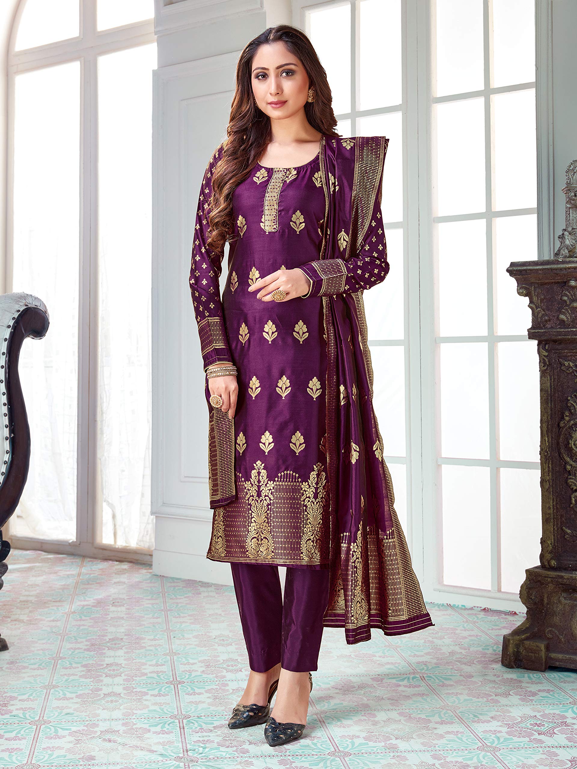 Indian Pakistani Women's Readymade Dress| Banarasi Art Silk Woven | Salwar Kameez Silk Dupatta Stitched Suit