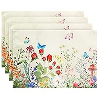 Spring Floral Placemats Set of 4 Wildflower Placemat Pink Flower Table Mat for Kitchen Table Non-Slip Butterfly Flower Placemats for Spring Home Dining Table Decor 18x12Inch