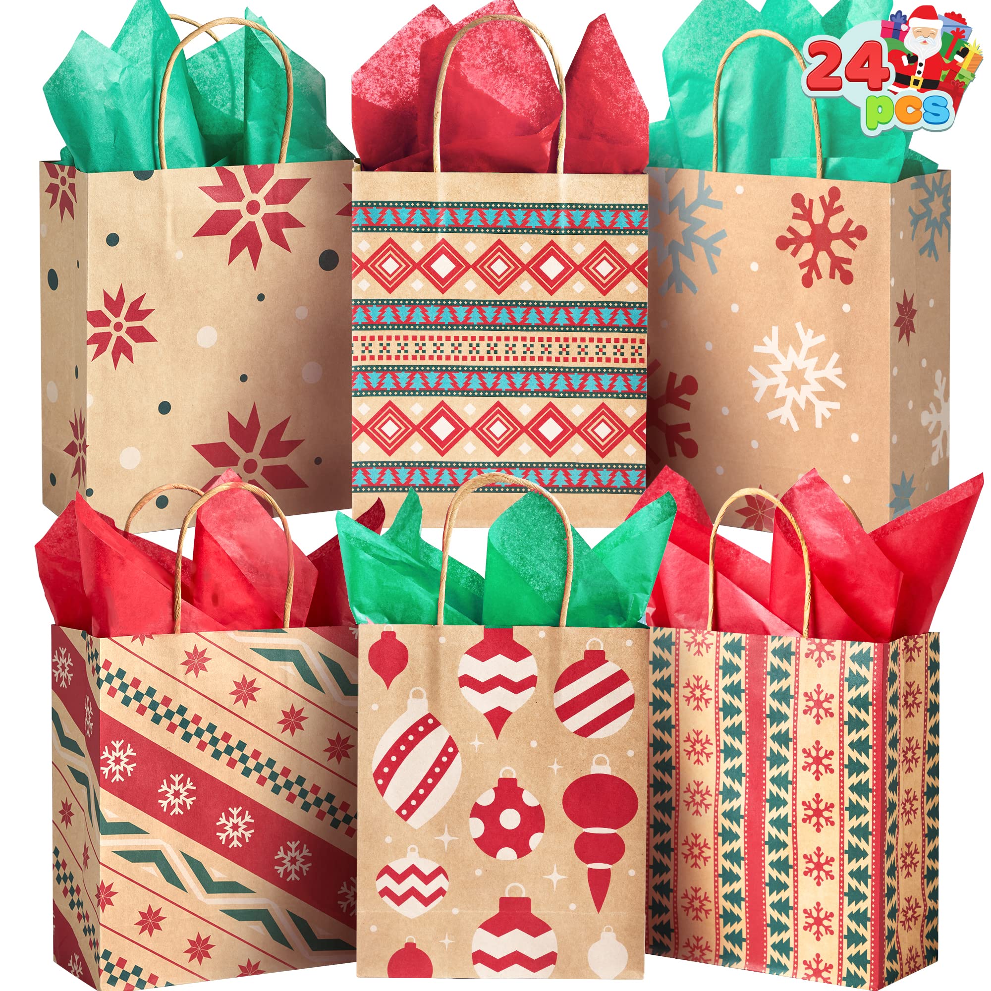 JOYIN 24 Christmas Kraft Gift Bags for Holiday Paper Gift Bags, Christmas Goody Bags, Xmas Gift Bags, Classrooms and Party Favors (9 x 7.3 x 3.3