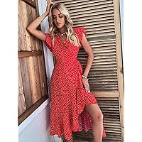 Dresses for Women - Polka Dot Wrap Tie Side -line Dress (Color : Red, Size : X-Large)