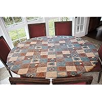 Deluxe Elastic Edged Flannel Backed Vinyl Fitted Table Cover - Global Coffee Pattern - Oblong/Oval - Fits Tables up to 48