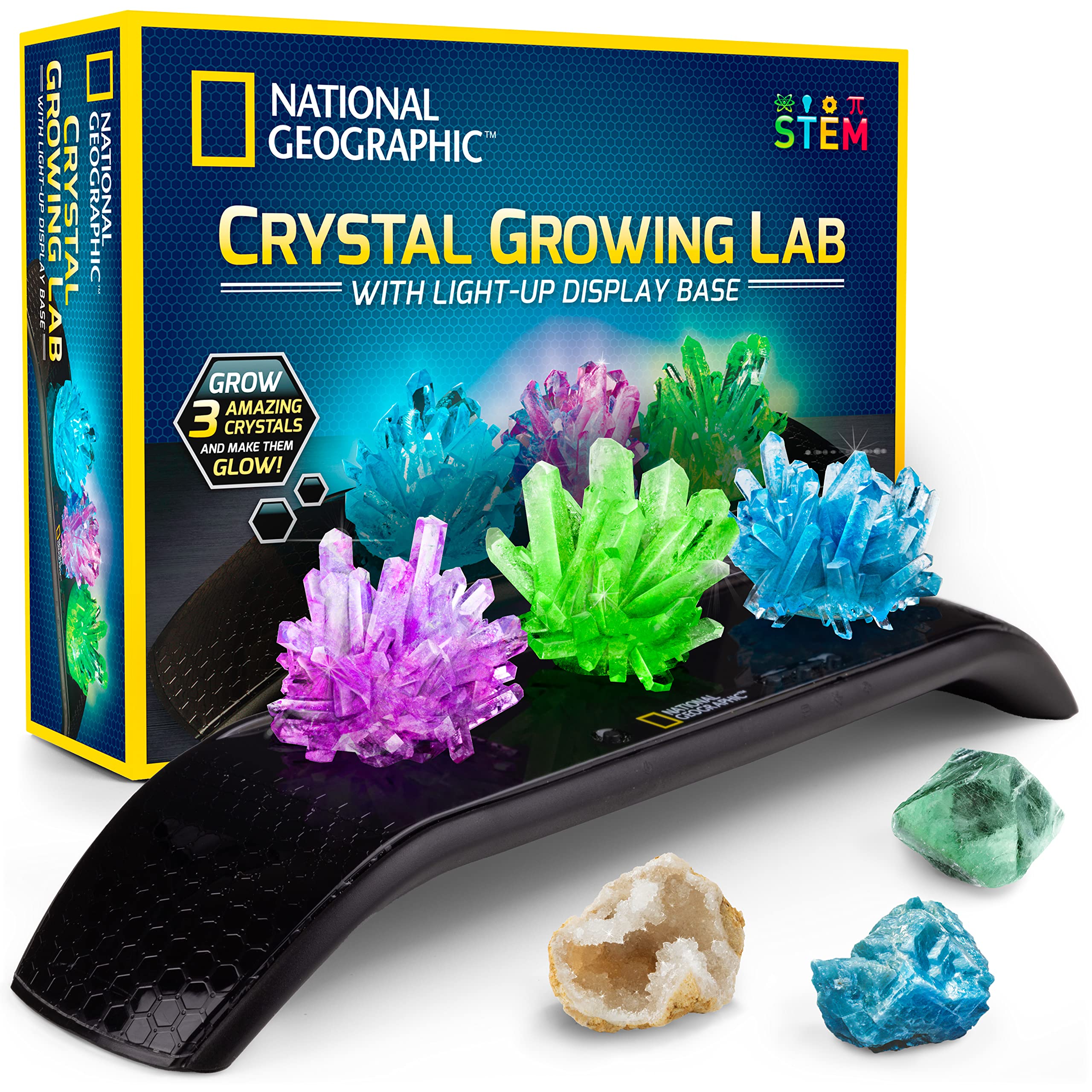 NATIONAL GEOGRAPHIC Crystal Growing Kit - 3 Vibrant Colored Crystals to Grow with Light-Up Display Stand, Science Toy for Girls and Boys Ages 8-12, Includes 3 Gems, Cool STEM Gift (Amazon Exclusive)