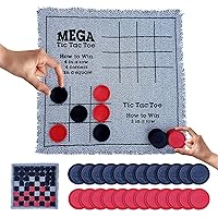 3 in-1 Giant Board Games Tic Tac Toe and Jumbo Checkers Game Set w/Reversible Rug Lawn & Yard Game | Indoor Outdoor Backyard Games for Adults Family Party Kids Camping BBQ Picnic