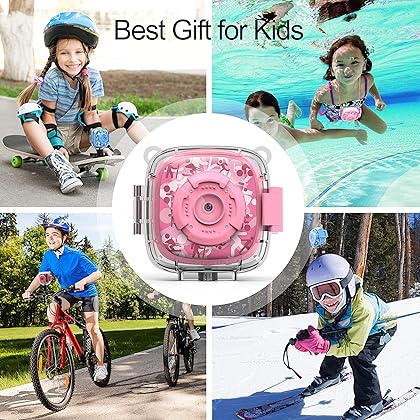 AKAMATE Kids Action Camera Waterproof Video Digital Children Cam 1080P HD Sports Camera Camcorder for Boys Girls, Build-in 4Games, 32GB SD Card (Pink)