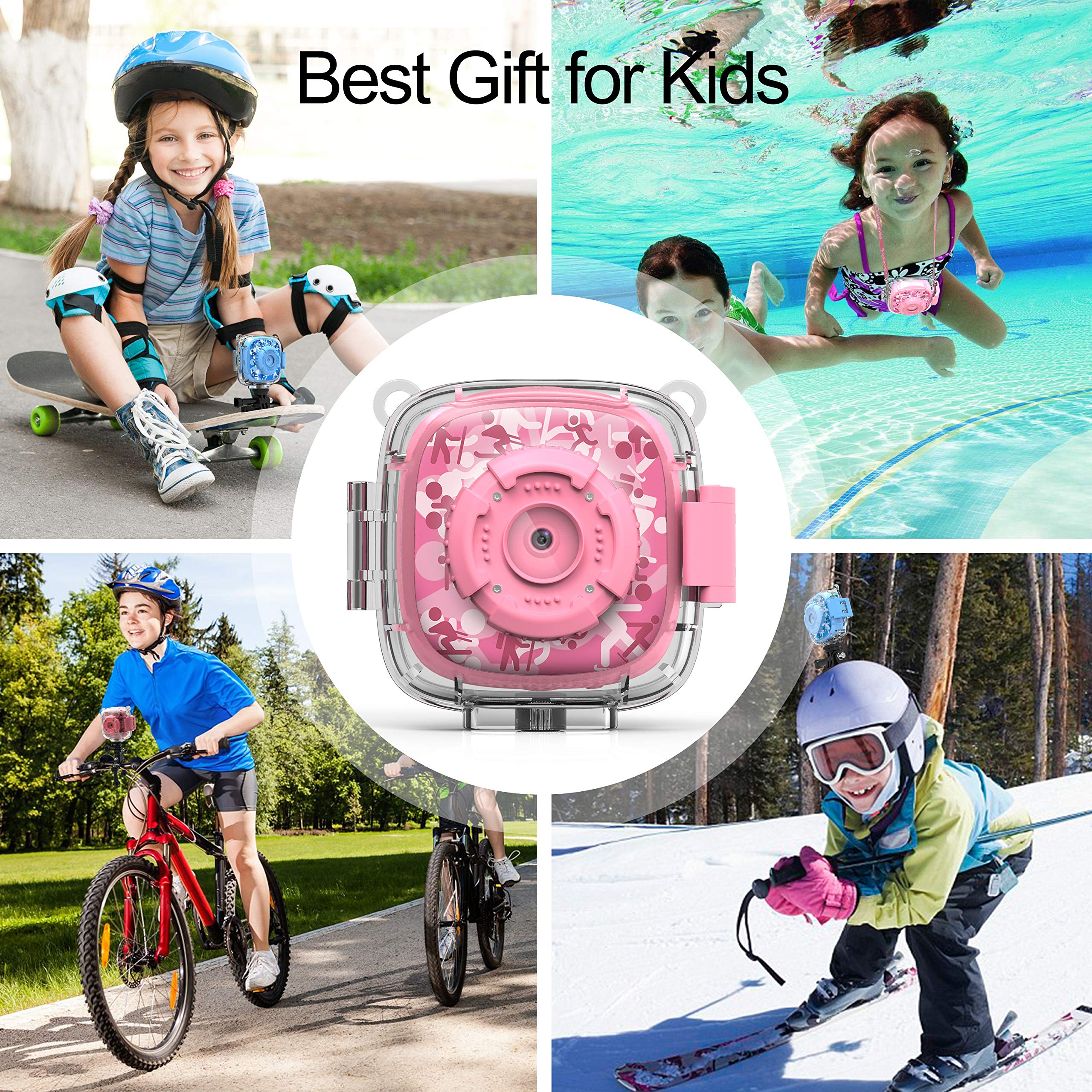 AKAMATE Kids Action Camera Waterproof Video Digital Children Cam 1080P HD Sports Camera Camcorder for Boys Girls, Build-in 4Games, 32GB SD Card (Pink)