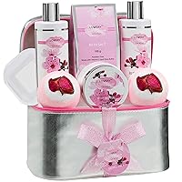 Bath and Body Spa Gift Basket Set for Women – Cherry Blossom Home Spa Set with Fragrant Lotions, 2 Extra Large Bath Bombs, Mirror, Silver Reusable Travel Cosmetics Bag & More, Christmas, Care Package