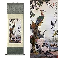 AtfArt Asian Wall Decor Beautiful Silk Scroll Painting Birds - Wulun Diagram Oriental Decor Chinese Art Wall Scroll Wall Hanging Painting Scroll (36.2 x 12 in)