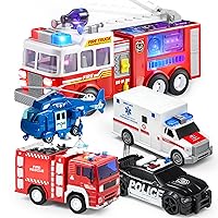 JOYIN LED Fire Truck Toy for Toddlers, Bump and Go Fire Engine Trucks with Mode Switch & Volume Control, 4 Packs Emergency Vehicle Toy Playsets, Friction Powered Vehicles with Light and Sound