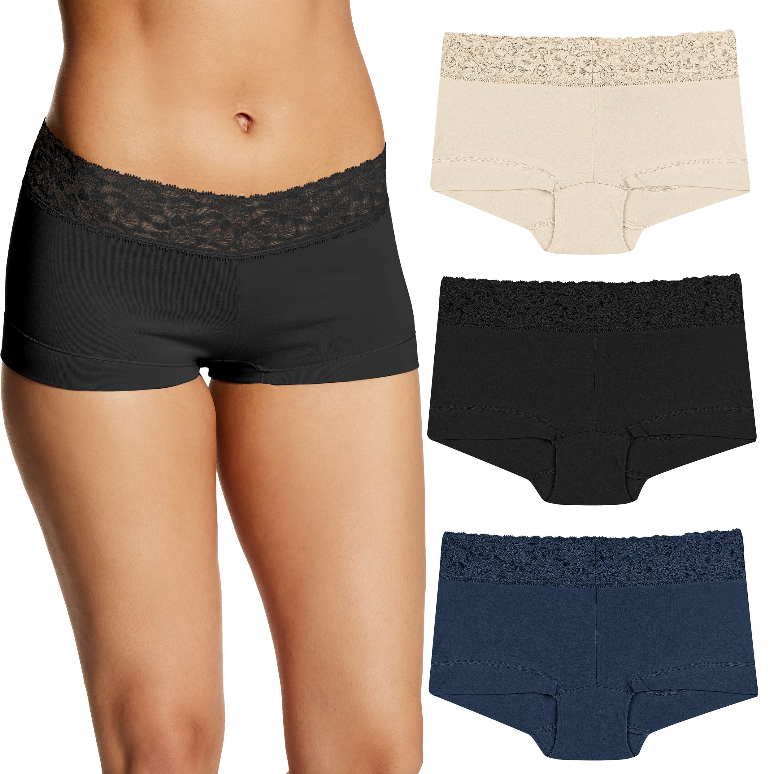Maidenform Pack, Dream Lace Boyshorts, Cotton Panties for Women, 3-Pack
