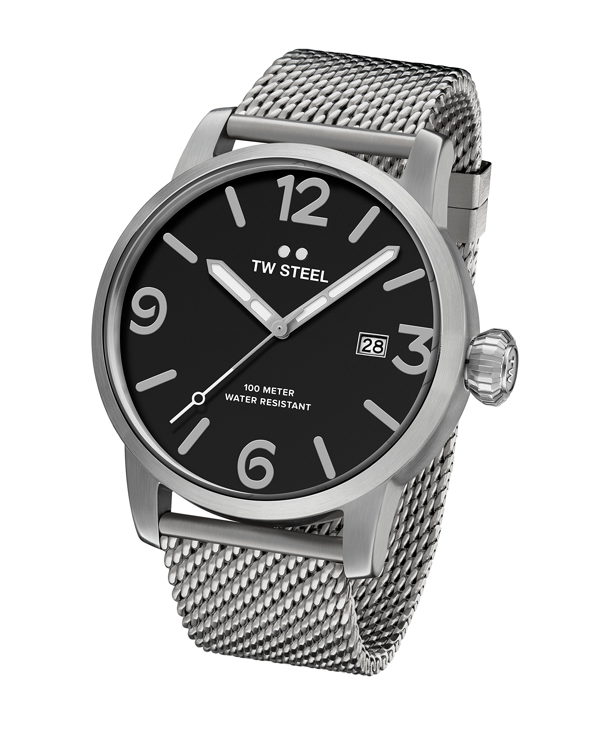 TW Steel Maverick Unisex Quartz Watch with Black Dial Analogue Display and Grey Stainless Steel Bracelet