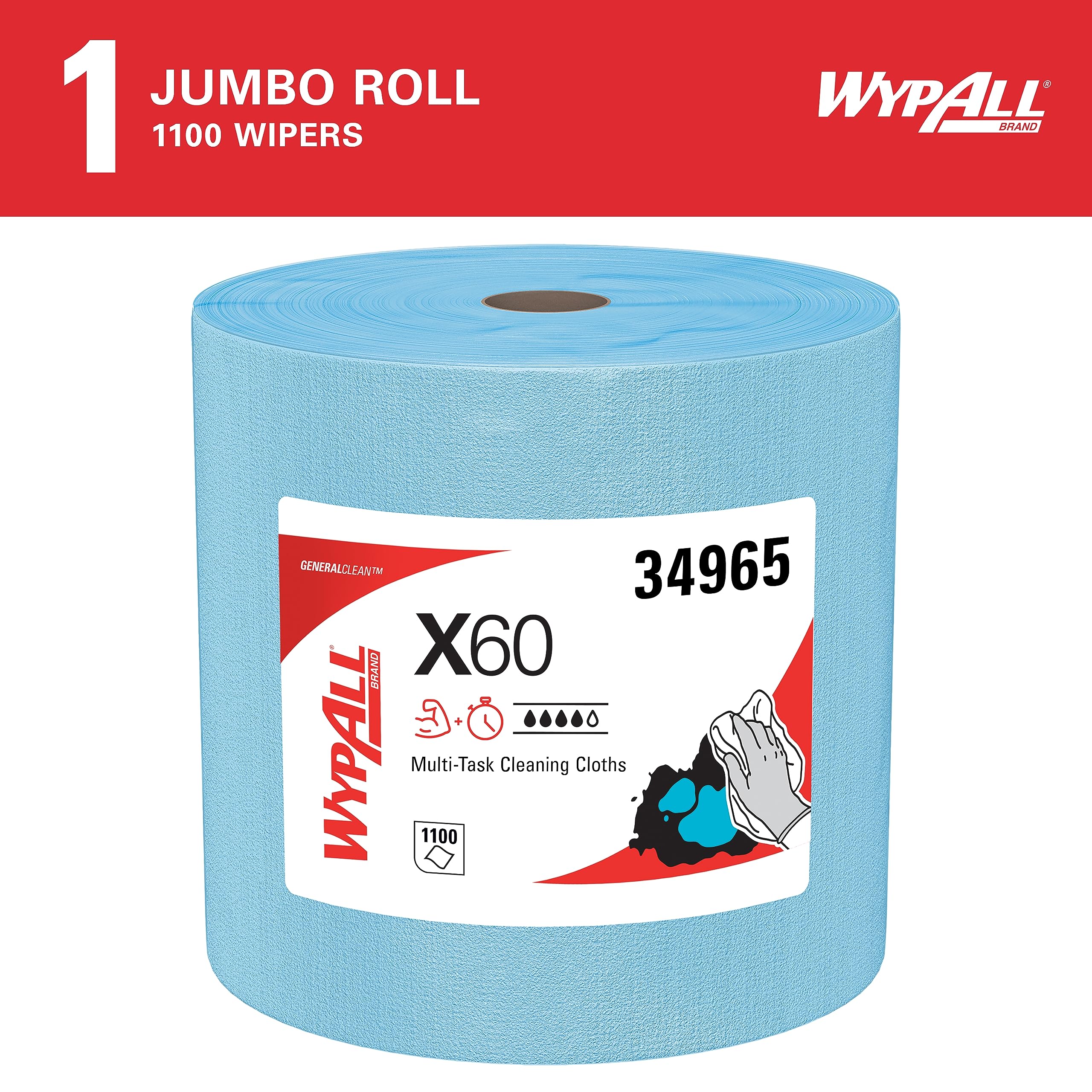 WypAll General Clean X60 Multi-Task Cleaning Cloths (34965), Jumbo Roll, Blue, 1,100 Sheets / Roll, 1 Roll / Case