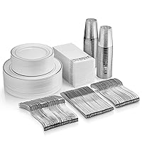 350 Piece Silver Dinnerware Set - 50 Silver Rim Plates - 50 Silverware - 50 Silver Plastic Cups - 50 Linen Like Silver Paper Napkins, 50 Guest Disposable Silver Dinner