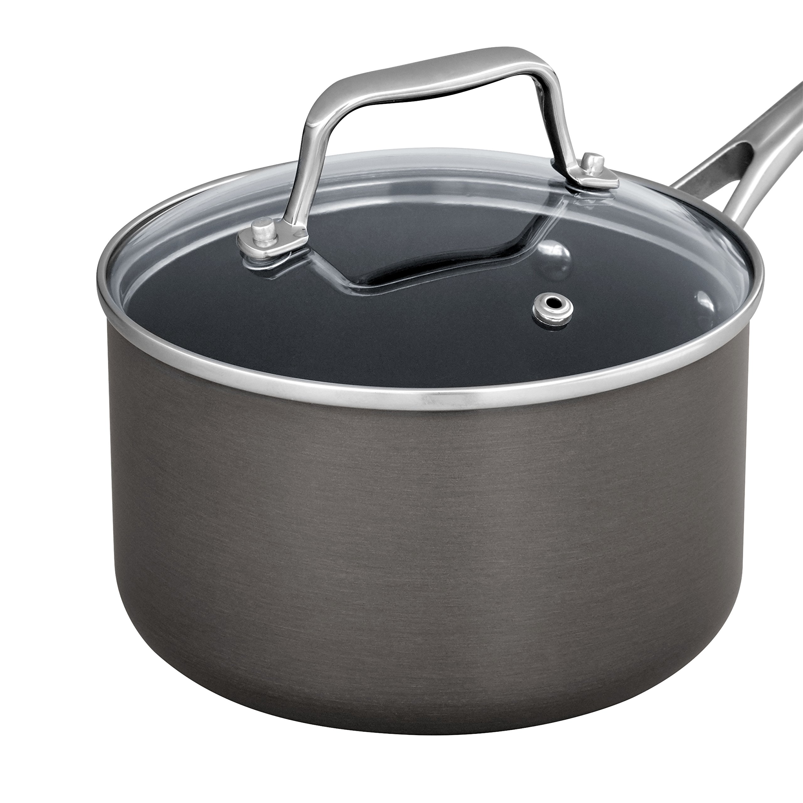 Amazon Brand - Stone & Beam Sauce Pan With Lid, 2-Quart, Hard-Anodized Non-Stick Aluminum, Gray