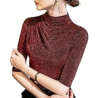 Bright Silk Tops for Women, Summer Fashion Mock Neck Short Sleeve Glitter Pleated Patchwork Blouses Elegant Work Shirts