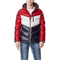 Tommy Hilfiger Men's Midweight Chevron Quilted Performance Hooded Puffer Jacket, Red/Ice/Navy, XX-Large
