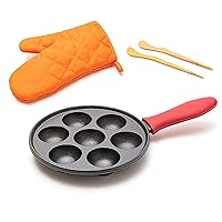 Cast Iron Aebleskiver Pan for Authentic Danish Stuffed Pancakes - Complete with Bamboo Skewers, Silicone Handle and Oven Mitt