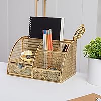 Martha Stewart Ryder Gold Mesh Metal Small Desktop Organizer for Office Accessories, Notebooks, Pen Holder and Drawer