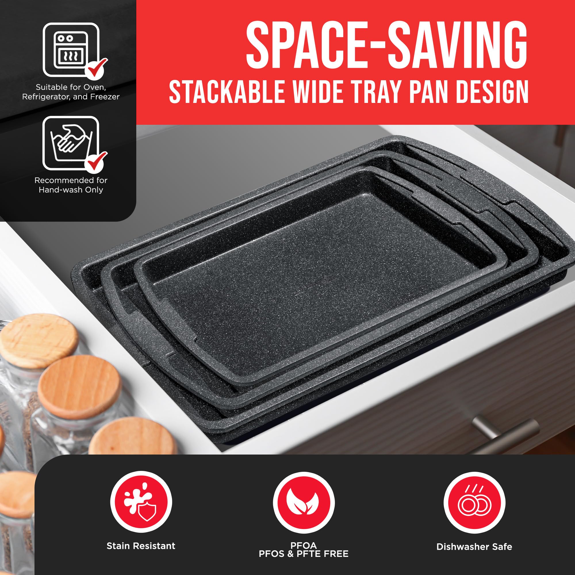 Bakken Swiss Cookie Sheet 3 Piece Set - Non-Stick, Stackable Baking Pans, Gray marble Deluxe Ceramic Coating – Dishwasher Safe - for Home Baking