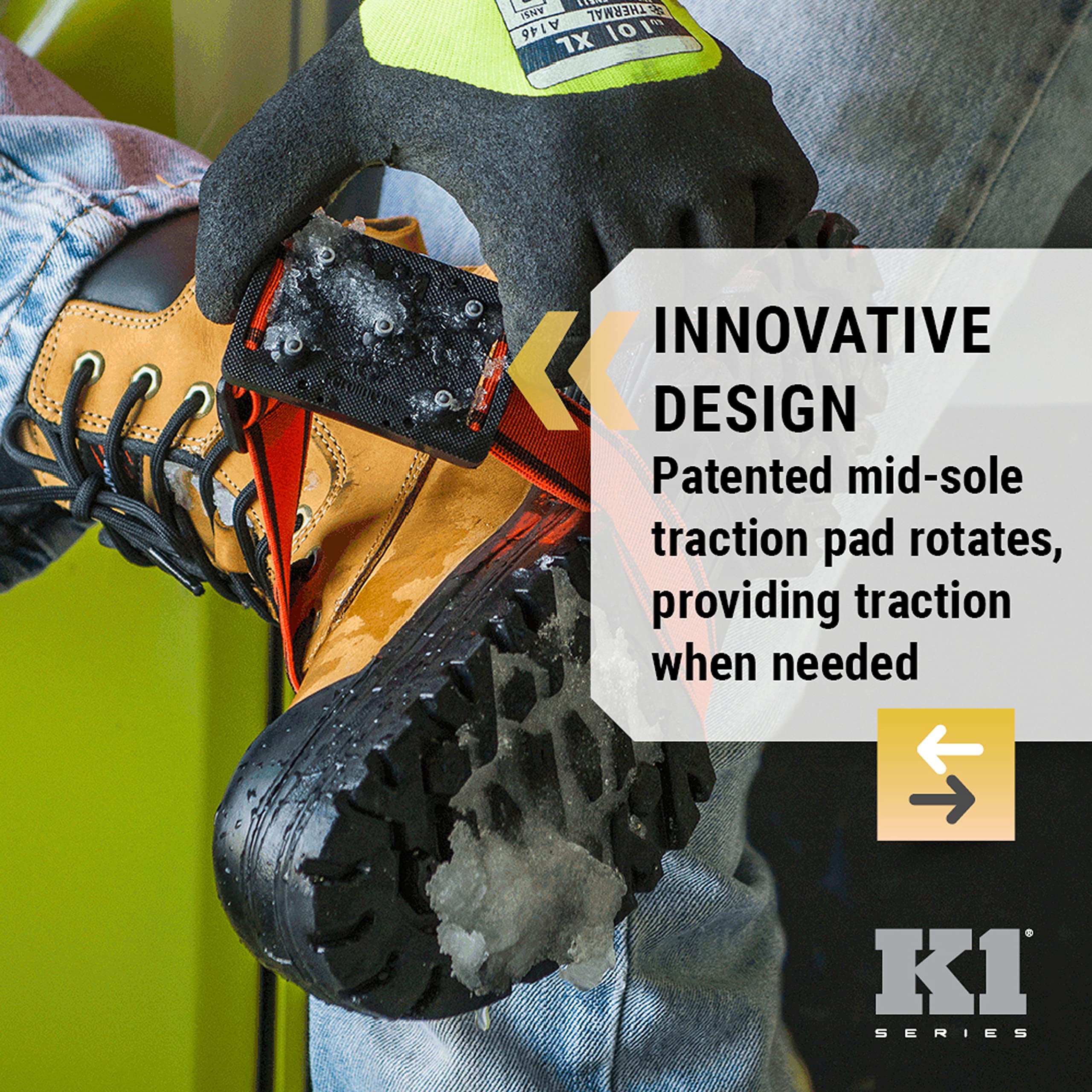 K1 Mid-Sole Ice Cleats - Easily Rotate Traction Cleats for Frequent Indoor/Outdoor Transition, Driving, or Climbing (1 Pair)